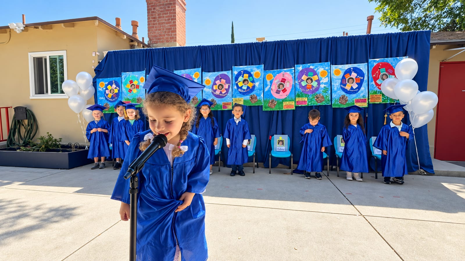 A graduating preschooler in cap and gown speaking at the graduation ceremony microphone
